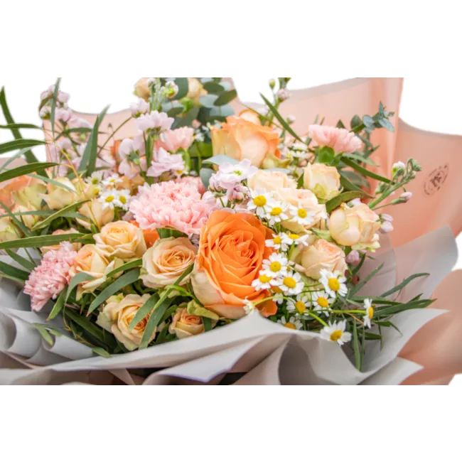 Bouquet of roses, carnations and matthiolas